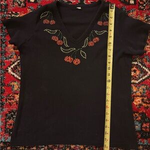 Embellished Black V-Neck Women's Top
